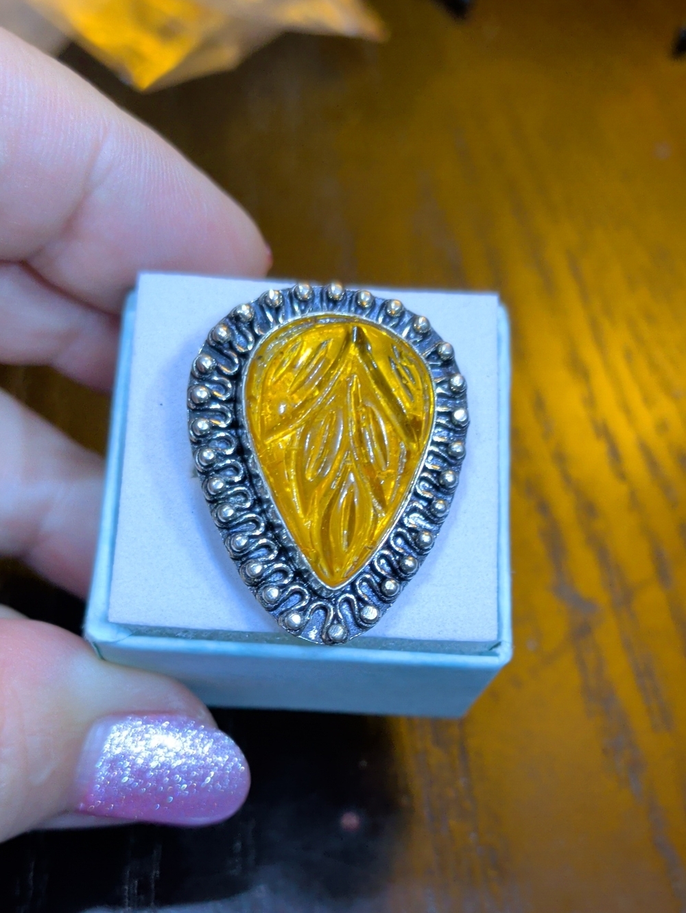 Carved Yellow Synthetic AmberTeardrop Statement Ring Size 8